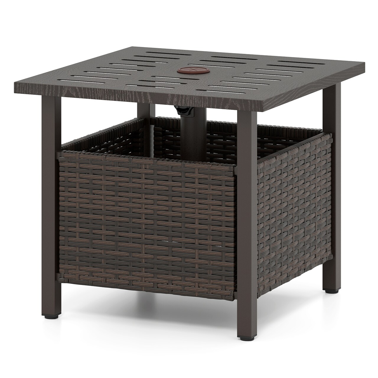 PE Wicker Outdoor Side Table with Umbrella Hole for Patio or Garden